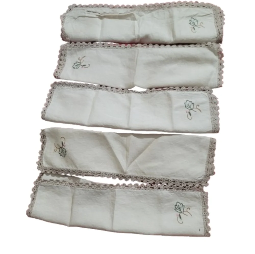 Vintage Embroidered Napkin Set of 5 Cream Lace Trim Floral Cottagecore Table Lin